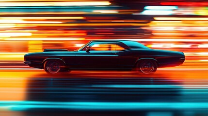 Obraz premium Classic car night drive, city lights blur, motion, speed