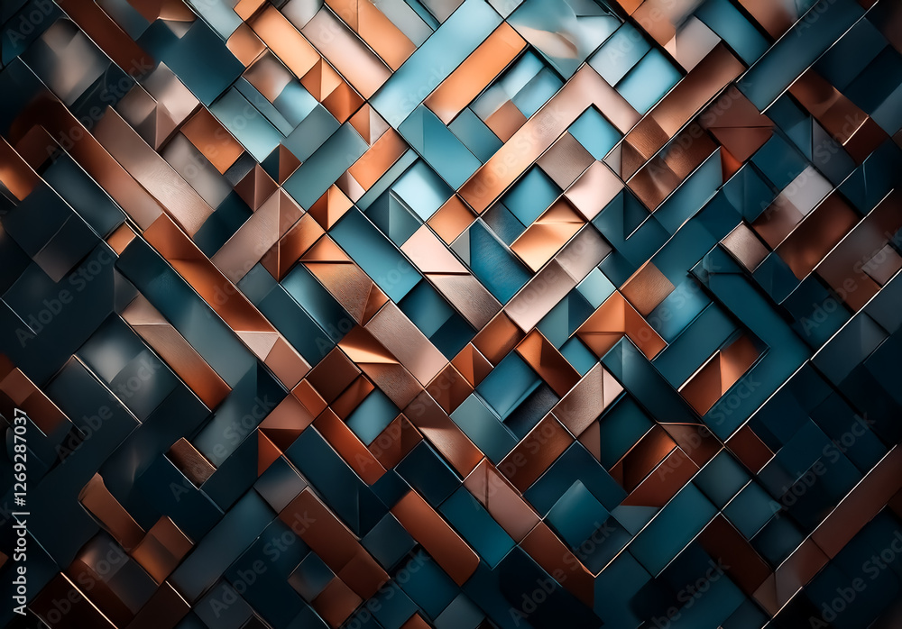 Poster abstract geometric design featuring interlocking metallic copper and dark blue angular shapes. the p
