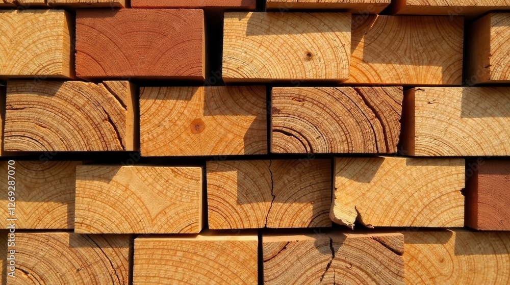 Aufkleber a stack of square lumber showing wood grain detail and light and shadow effects