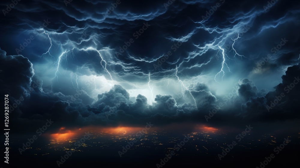 Poster a dramatic scene of dark storm clouds illuminated by flashes of lightning, creating an intense and p