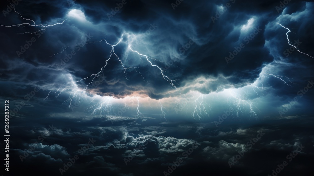 Aufkleber a dramatic scene of dark storm clouds illuminated by flashes of lightning, creating a powerful and i