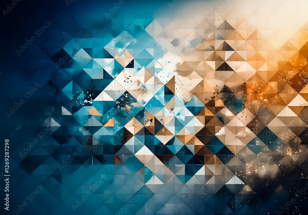 Leinwandbilder abstract geometric art with blue and orange triangles creating a textured, dynamic, digital pattern.