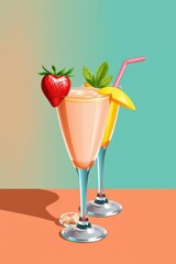 Refreshing cocktail drink with strawberry garnish, straw and mint. Perfect drink for hot summer days.
