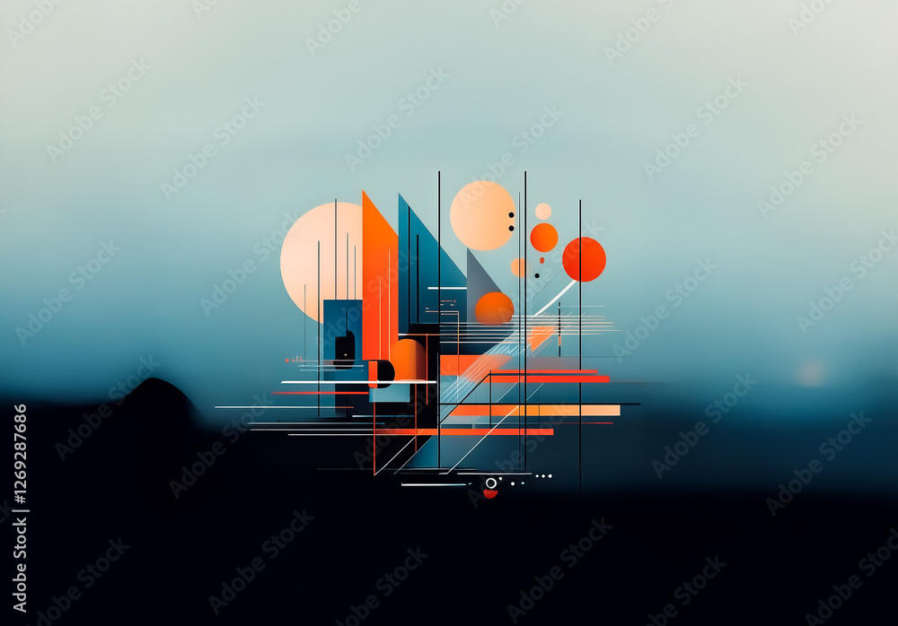 Leinwandbilder Abstract geometric composition featuring layered orange and blue shapes against a blurred background. Circles, triangles, and lines create a dynamic, modern visual.