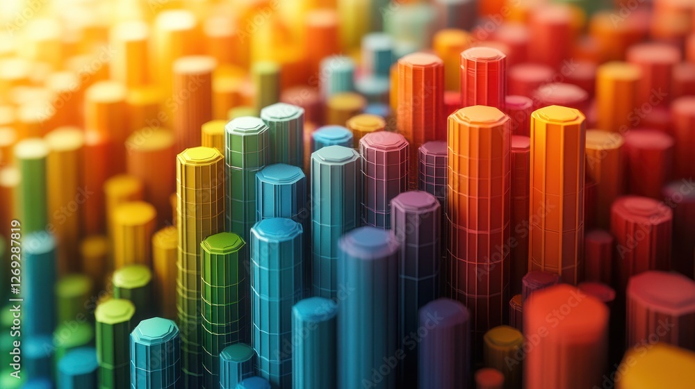 Poster colorful hexagonal columns, data visualization, abstract background, financial report