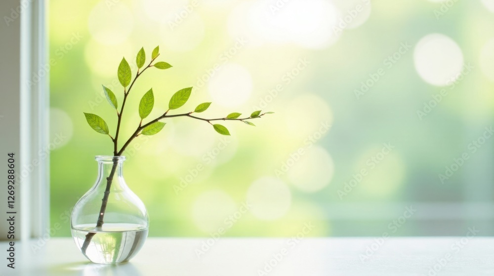 Aufkleber serene spring branch in glass vase by window with soft-focus green background