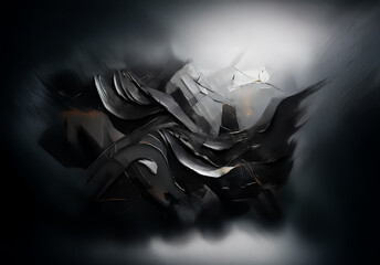 Abstract digital art with dark, flowing shapes contrasting a bright backdrop.  Dramatic interplay of light and shadow, creating a sense of fluid motion and depth.