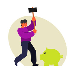 man hitting piggy bank with hammer