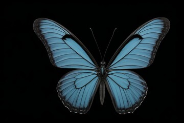 a close up of a blue butterfly on a black background