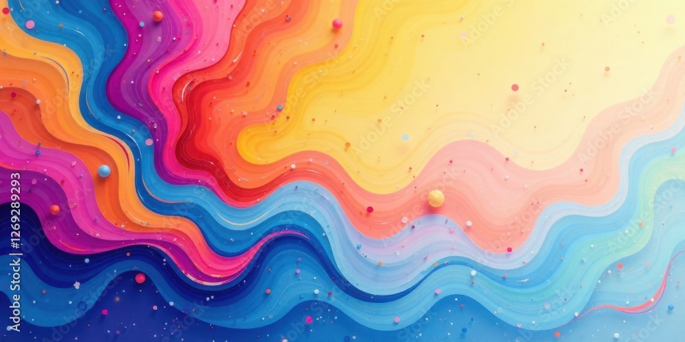 Poster vibrant hues abstract swirling wave pattern with scattered spheres background