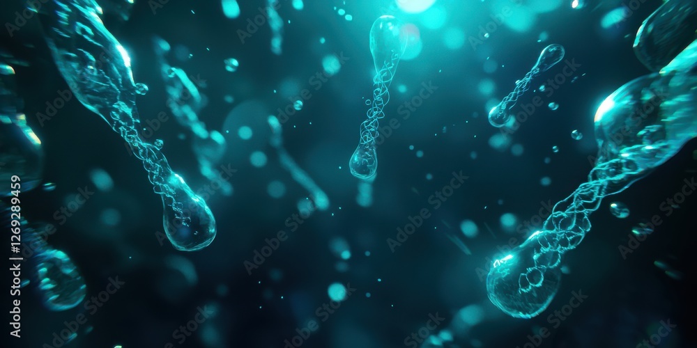 Poster a mesmerizing underwater scene featuring floating droplets and bubbles, illuminated by ethereal turq