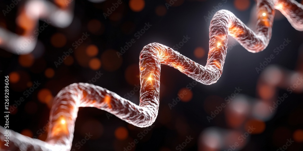 Poster a close-up view of a twisting, glowing structure resembling a molecular or atomic representation, se