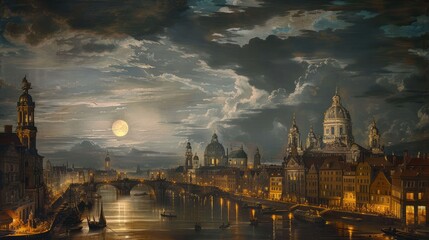 Obraz premium Serene nightscape of a historic city with illuminated buildings, a river, and a full moon casting reflections
