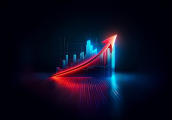 Glowing red arrow soaring upwards over blue graph bars against a dark backdrop. Represents growth, progress, and positive trends with vibrant neon lights.