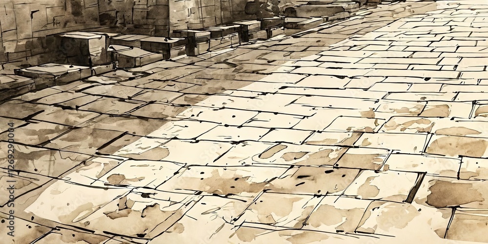 Poster a drawing of a brick walkway with a shadow on it