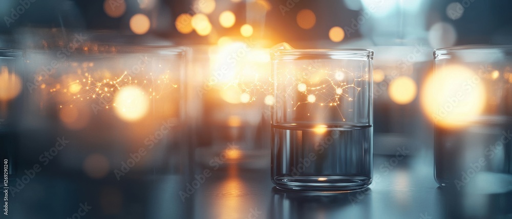 Poster a close-up image of glasses filled with liquid, illuminated by soft, glowing lights, creating an eth