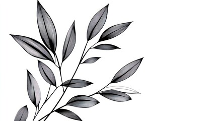 Monochrome leaf branch, minimalist design, white background, botanical art, home decor