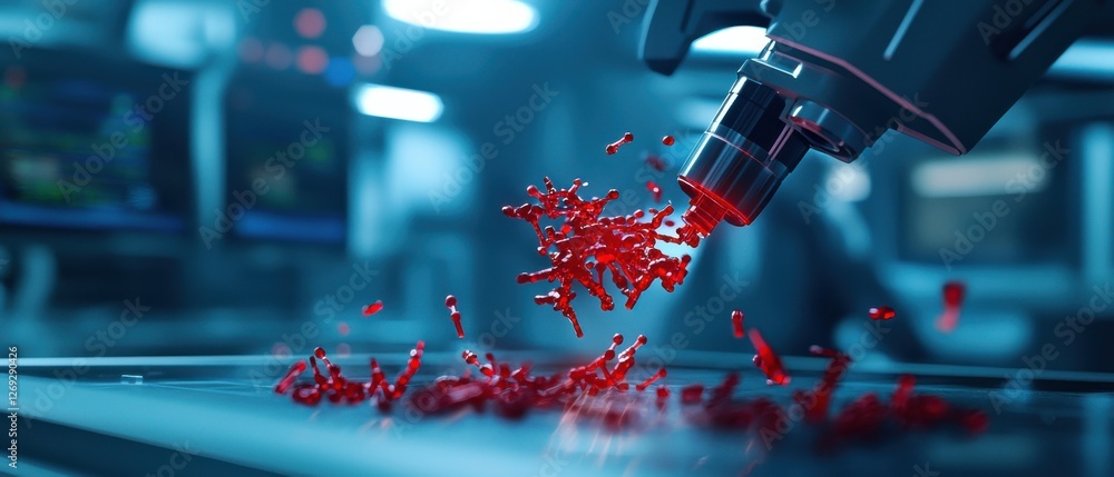 Poster a microscope captures droplets of red liquid in a futuristic lab, showcasing a blend of science and 