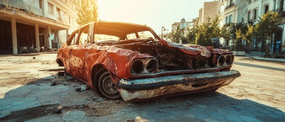 Abandoned Red Automobile in a Desolate Sunlit Plaza