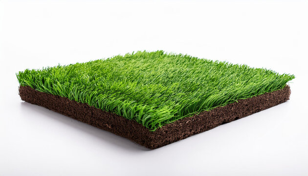 side view of square artificial green grass covered brown soil ground isolated on white background