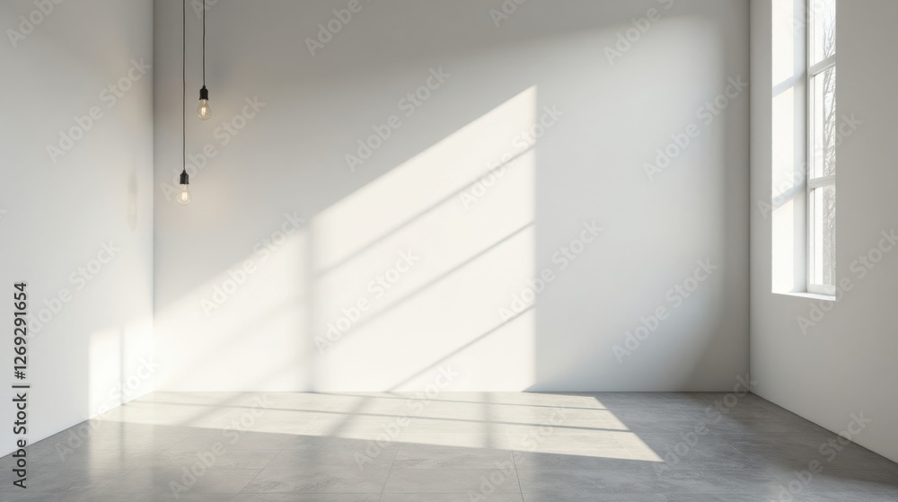 Poster empty room interior design with sunlight streaming through window and hanging lights