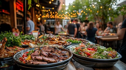 Obraz premium Delicious grilled meats and salads at a bustling outdoor restaurant.