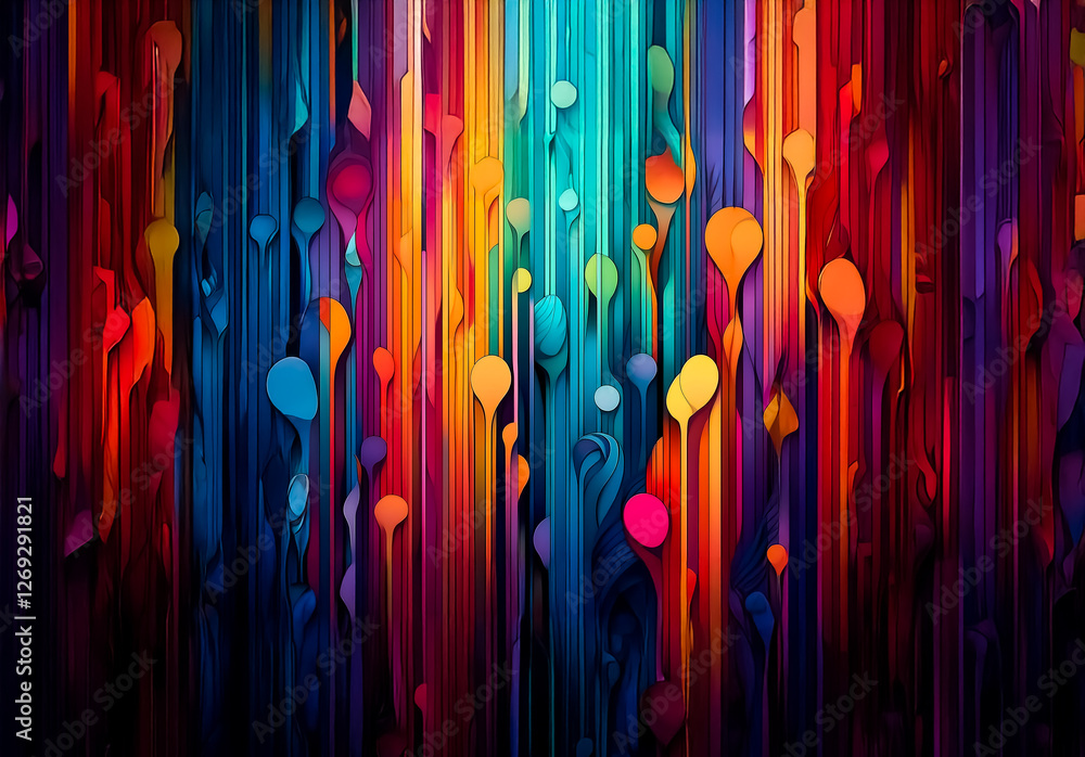 Aufkleber vibrant abstract art featuring colorful vertical streaks and droplet-like shapes against a deep back