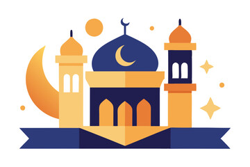 Ramadan Kareem banner, poster, greeting card, cover design with mosque, crescent moon, stars and typography in flat geometric style. vector illustation