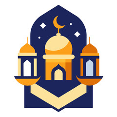 Obraz premium Ramadan Kareem banner, poster, greeting card, cover design with mosque, crescent moon, stars and typography in flat geometric style. vector illustation