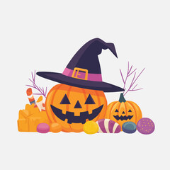 Spooky Halloween collection featuring pumpkins, candy, and a witch’s hat.