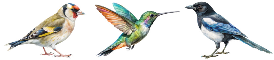 Colorful bird illustrations, detailed artwork, nature theme, vibrant colors, wildlife display, educational purpose.