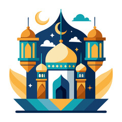 Ramadan Kareem banner, poster, greeting card, cover design with mosque, crescent moon, stars and typography in flat geometric style. vector illustation