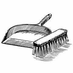 Vintage-style dustpan and brush illustration with detailed hatching creates texture and depth. Simple cleaning tools evoke nostalgia. Concept: Home cleaning services, housekeeping, vintage decor.