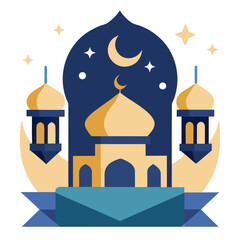 Ramadan Kareem banner, poster, greeting card, cover design with mosque, crescent moon, stars and typography in flat geometric style. vector illustation