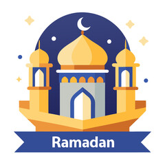 Ramadan Kareem banner, poster, greeting card, cover design with mosque, crescent moon, stars and typography in flat geometric style. vector illustation