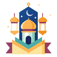 Ramadan Kareem banner, poster, greeting card, cover design with mosque, crescent moon, stars and typography in flat geometric style. vector illustation