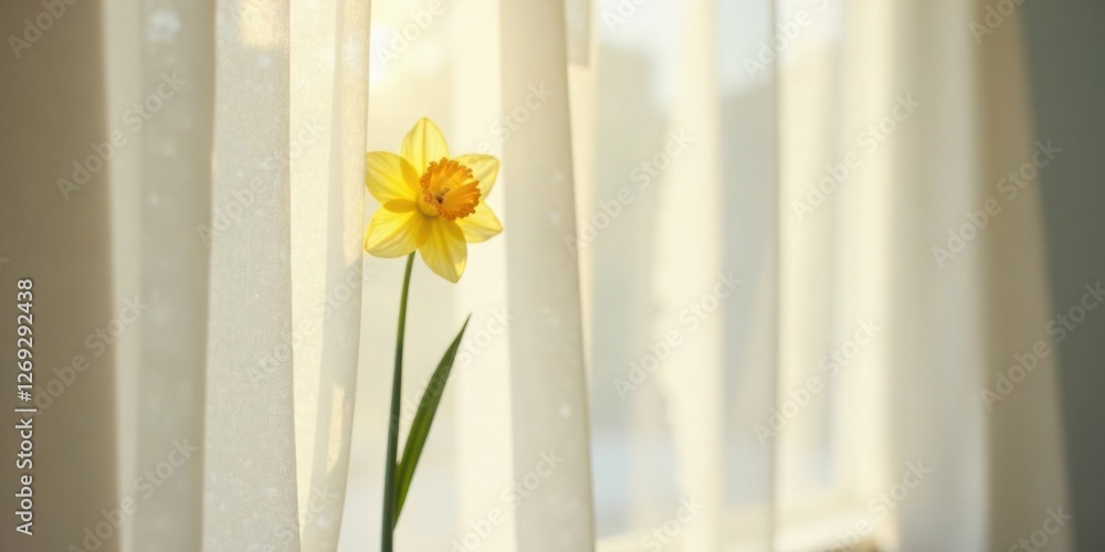 Poster a single daffodil blossom graces a sheer curtain, bathed in the soft glow of sunlight filtering thro