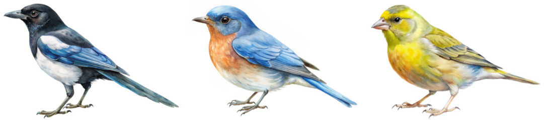 Colorful bird illustrations, detailed nature art, vibrant feathers, wildlife depiction, educational use, artistic style.