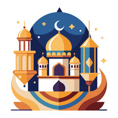 Fototapeta premium Ramadan Kareem banner, poster, greeting card, cover design with mosque, crescent moon, stars and typography in flat geometric style. vector illustation
