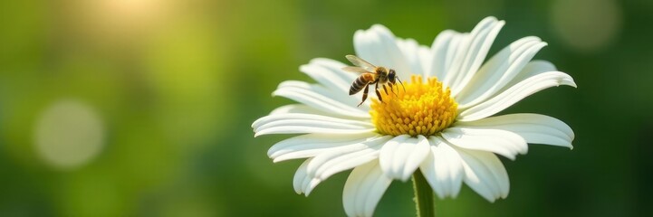 A small yellow bee flies around a large white echinacea flower, insects, white flowers
