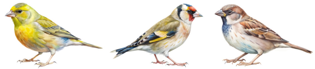 Colorful bird illustrations, detailed feathers, nature artwork, realistic style, educational purpose, wildlife depiction.