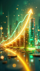 Financial growth symbolized by a rising chart with money coins and golden particles surrounding it.