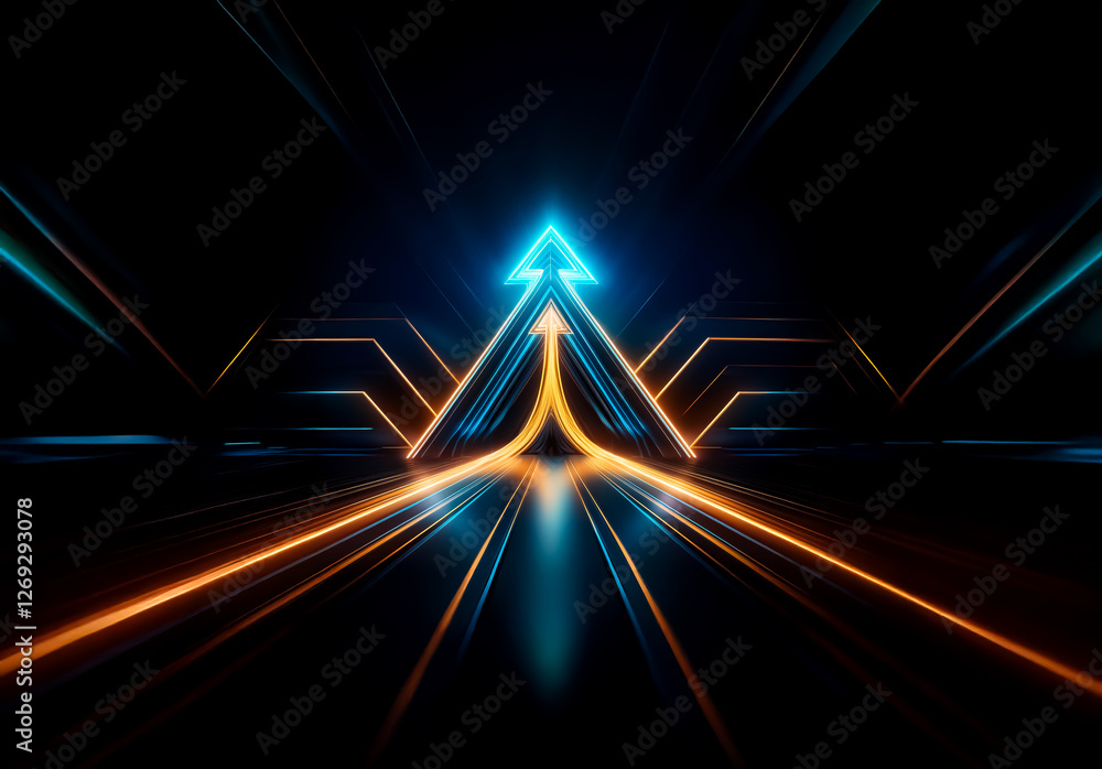 Poster Striking abstract image featuring a luminous blue arrow pointing upwards, emphasized by converging streaks of orange light, all against a stark black backdrop.