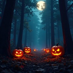 Dark spooky forest with glowing jack-o-lanterns and misty fog, autumn, spooky, forest