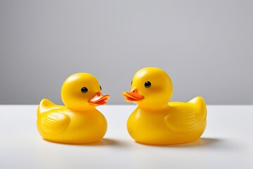 there are two yellow rubber ducks sitting next to each other