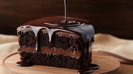 Obraz premium Slice of Chocolate Cake with Ganache Drizzle on Wooden Board