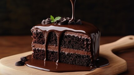Obraz premium Slice of Chocolate Cake with Ganache Drizzle on Wooden Board