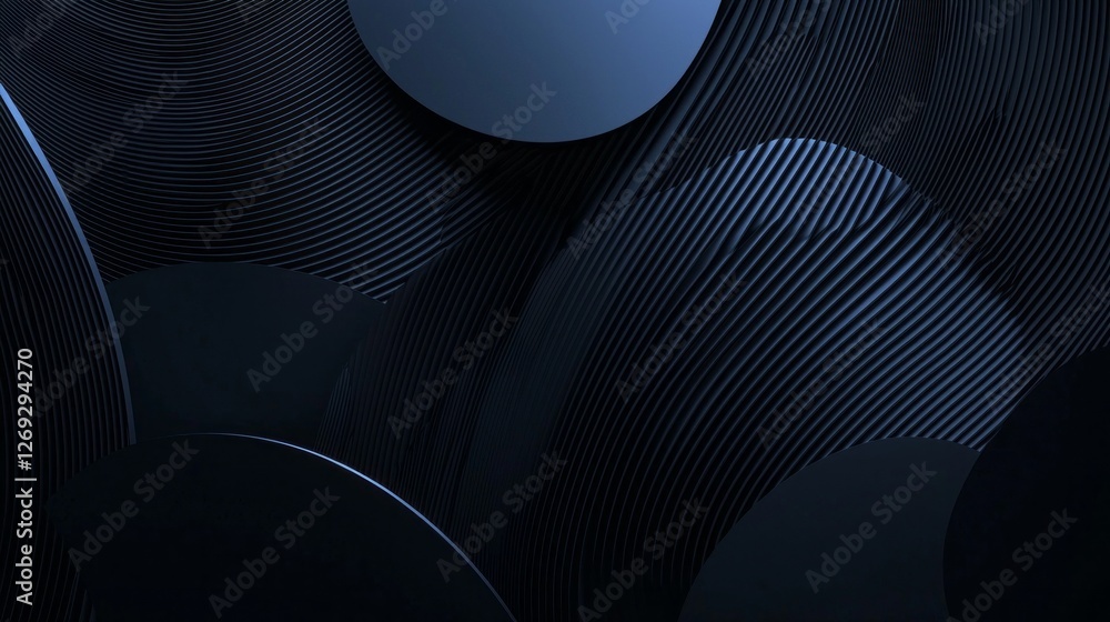 Poster Delicate curves and contrasting textures create a captivating abstract landscape of dark blue and black hues. Circular forms interplay seamlessly, inviting exploration and reflection