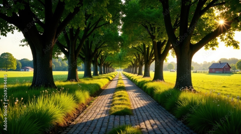 Aufkleber serene pathway through lush green tree-lined avenue leading to a rustic building on a sunny day