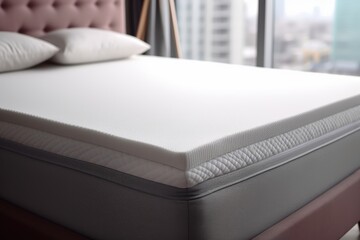 Fototapeta premium A modern mattress on a stylish bed, featuring clean lines, a soft top, and a cozy atmosphere in a chic room with city views.